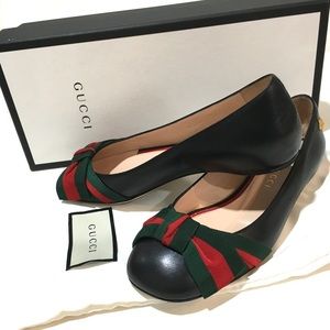 NEW BLACK LEATHER GUCCI WEB BOW BALLET FLAT SHOES